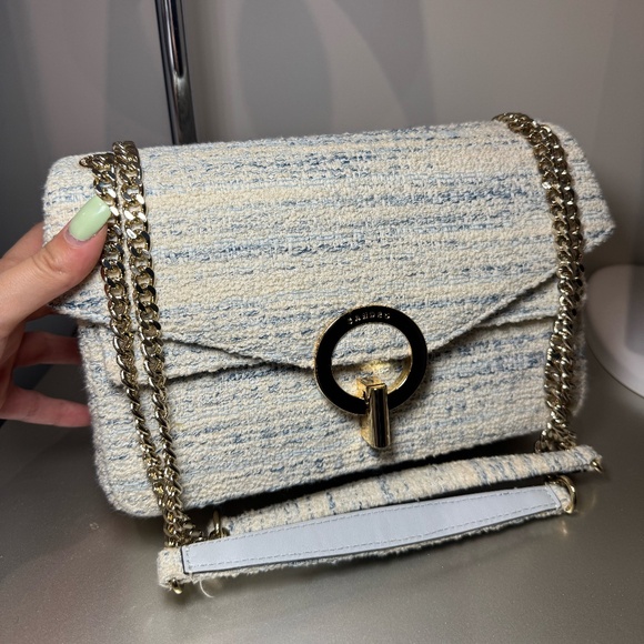 Sandro Paris Tweed Shoulder Bag Blue Cream Gold Chain Crossbody Purse - Picture 1 of 7